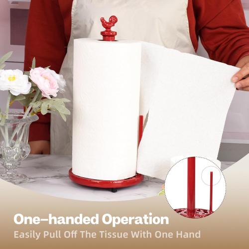 Vintage Rooster Paper Towel Holder - Easy One Handed Tear Cast Iron Roll Paper Towel Dispenser Countertop, Red