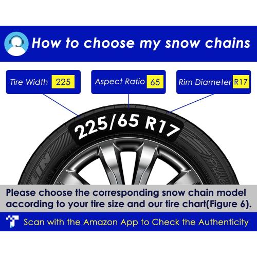 Snow-Chains Auto Fixing 1 Min Quick Fit Easy Installation Tire-Chains, Portable Reusable Universal Emergency Tire Traction Chain for Passenger Car, Pickup Trucks and SUV - Set of 2 (HKN-140)