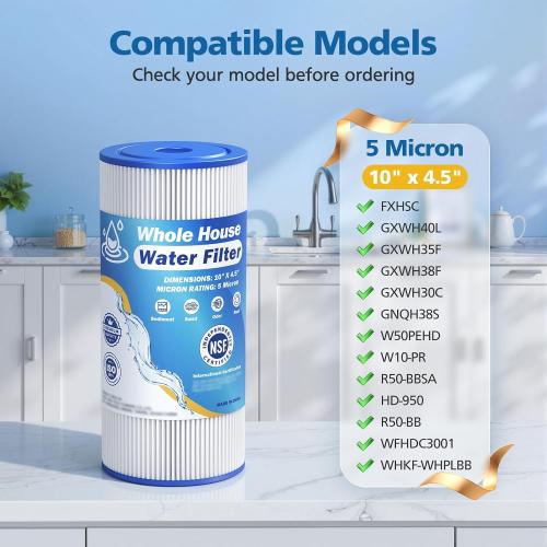 5 Micron 10 x 4.5 Whole House Water Filter Compatible with GE FXHSC, GXWH40L, Plumber W50PEHD, Culligan R50-BBSA, Pentek R50-BB, W10-PR, DuPont WFHDC3001, W50PEHD, High Flow Sediment Filters, 4 Pack
