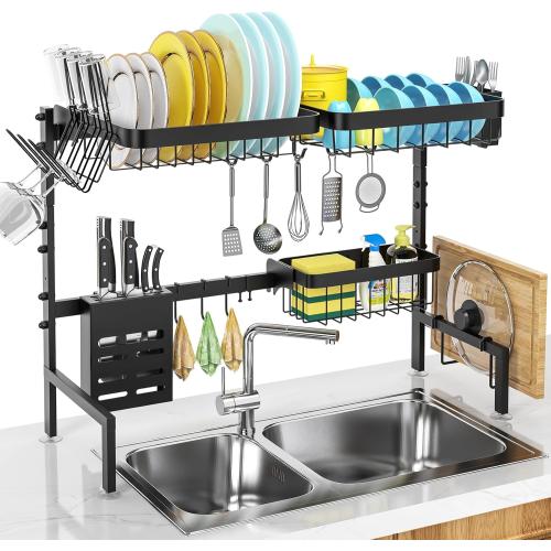 MERRYBOX Over The Sink Dish Drying Rack, 2-Tier Adjustable Length (25.6-33.5in), Stainless Steel Dish Drainer with Cutting Board Holder, Large Dish Rack for Kitchen Counter Organizer Space Saver