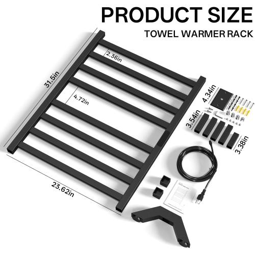 WONDERSKY Towel Warmer Rack, 8-Bar Stainless Steel Heated Towel Racks for Bathroom - Waterproof Wall Mounted Towel Warmers with Timed & Temperature Controller, Hard Wired/Plug-in, Black