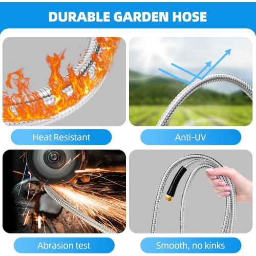 Stainless Steel Garden Water Hose 50 FT, Flexible and Lightweight Pipe, Non-Expandable Heavy Duty Metal Waterhose with Brass Fittings for Reel, Yard, Outdoor, Boat
