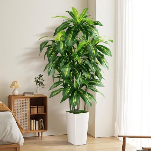 Artificial Dracaena Tree Indoor, 5FT Tall Fake Tree with White Tall Planter, Artificial Tree Fake Yucca Potted Tree for Home Office Living Room Decor，Tall Artificial Plant for Housewarming