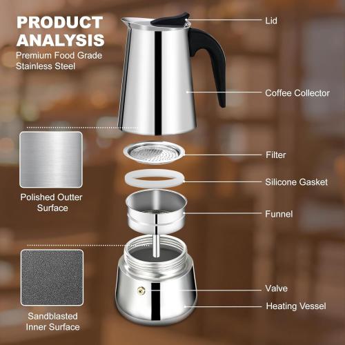 4 Cup Stovetop Espresso Maker Stainless Steel Moka Pot Stove Top Percolator Italian Coffee Makers Capable Mocha Greca Machine Cafe Classic Induction Cookers for Home and Camping 200ml 6.6oz