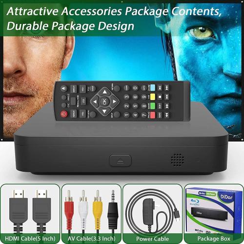 Didar Blu Ray DVD Player, Ultra Mini 1080P Blue Ray Disc Player Home Theater Play All DVDs and Region A 1 Blu-Rays, Support Max 128G USB Flash Drive   HDMI/AV Output   Built-in PAL/NTSC with Cables