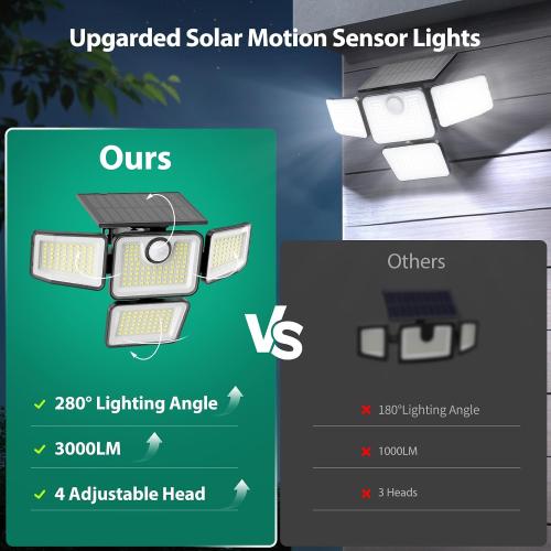 3000LM Solar Lights Outdoor, 4 Adjustable Heads Motion Sensor Security Light, 3 Modes, 6500K, IP65 Waterproof Solar Wall Flood Lights for Garden, Outside, Backyard, 1 Pack