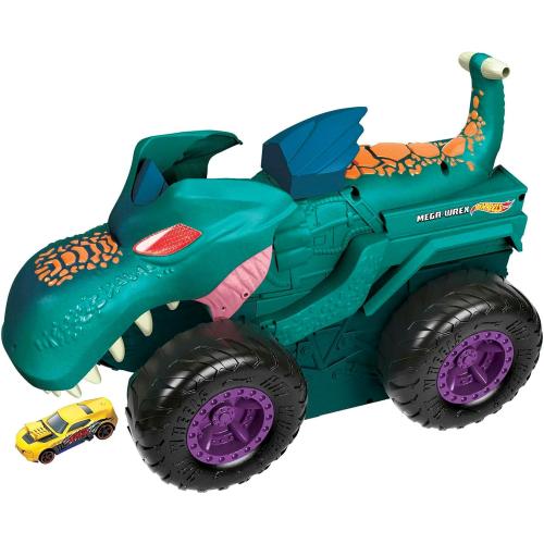 Hot Wheels Monster Trucks Car Chompin' Mega-Wrex, Large Toy Monster Truck & Toy Car, Eats & Poops 1:64 Scale Vehicles, Lights & Sounds