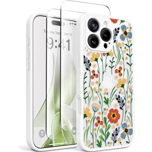 GVIEWIN for iPhone 16 Pro Case Compatible with MagSafe, [Military Grade Protection] [2X Screen Protector] Full Camera Protection Floral Translucent Women Magnetic Phone Case, Blooming Floweret