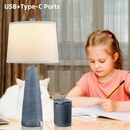 Terpsichore Nightstand Lamp Bedside Lamps Set of 2 Vintage Rustic Farmhouse Table Lamp 3 Way Dimmable Horizontal Stripe Light,Suitable for Living Room Bedroom,with Linen Shade LED Bulb,USB A C Port