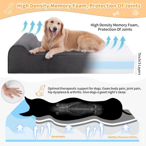 Orthopedic Dog Beds for Large Dogs, 7 Memory Foam Dog Beds with Waterproof Liner, Chew Proof Microsuede Cover, Removable and Washable, Nonskid Bottom L Grey
