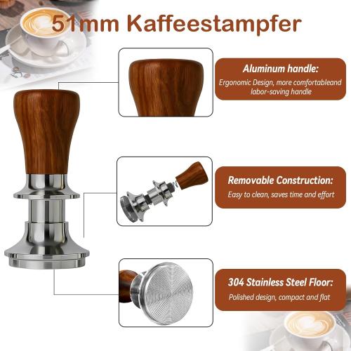 Coffee Espresso Tamper with WDT Tool, Coffee Press with Silicone Mat, 100% Flat Stainless Steel Base Tamper for Espresso Coffee Machine (Brown2, 51mm)