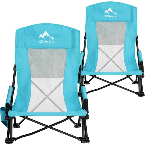 Blue 2Pack Oileus Folding Portable Beach Chair, High-Back Low-Seat Lightweight Chair for Beach Tents, Shelters, and Camping, Full Mesh Backrest | Cup Holder | Storage Bag | Carrying Bag | 2 Armrests