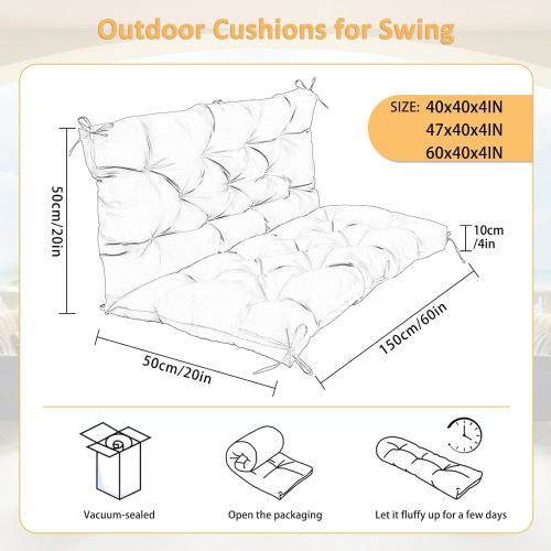 Swing Replacement Cushions for Outdoor: 2-3 Seater Waterproof Porch Bench Cushion with Backrest and Ties - 4 Thick Swing Cushion for Garden Patio Backyard Loveseat