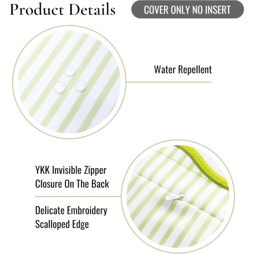 Hofdeco Premium Coastal Patio Indoor Outdoor Scalloped Lumbar Pillow Cover Only, 12x20 Water Repellent for Backyard, Couch, Green Print Stripes
