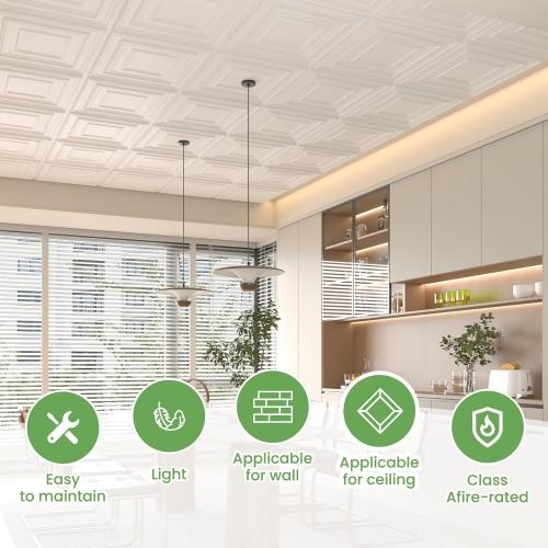 24 pcs 2ft x 2ft Drop Ceiling Tiles, PVC Ceiling Panel White, Waterproof, Washable and Fire-Rated - Reusable - High-Grade PVC to Prevent Breakage (96 sq. ft./Box)