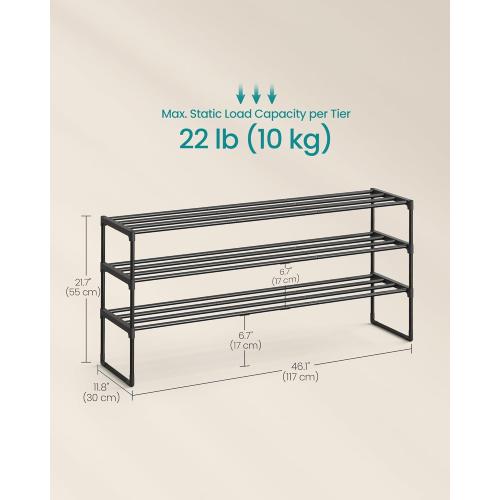 SONGMICS Shoe Rack, 3-Tier Shoe Organizer, Metal Storage Shelf, Upright or Upside Down, for 20-24 Pairs, Stackable, for Entryway, 11.8 x 46.1 x 21.7 Inches, Black ULSA033B01