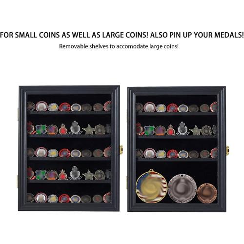 Jinchuan Military Challenge Coin Display Case Lockable Cabinet Rack Holder Shadow Box with Removable 2 Grooves Shelves and Anti Dust Door for Casino Poker Chips Collectibles, Small - Black