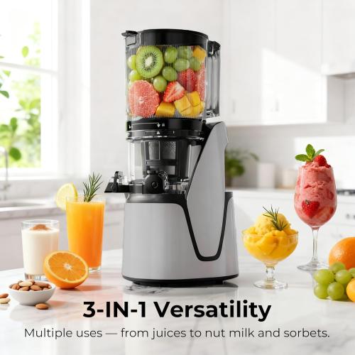 Cold Press Juicer, 5.8 Wide Feed Chute Juice Extractor Machine with 400W, High Juice Yield, Slow Masticating Juicer for Whole Vegetables & Fruits, Silver Gray