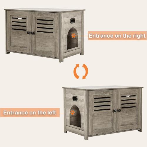 DINZI LVJ Litter Box Enclosure, Cat Litter House with Louvered Doors, Entrance Can Be on Left or Right Side, Spacious Hidden Washroom for Most of Box, Furniture Cabinet, Gray Wash