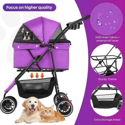 Pet Stroller,Dog Stroller for Small Medium Dogs Cats,3 Wheels,Foldable,with Breathable Mesh Canopy,Cup Holders,Easy Assembly,Purple