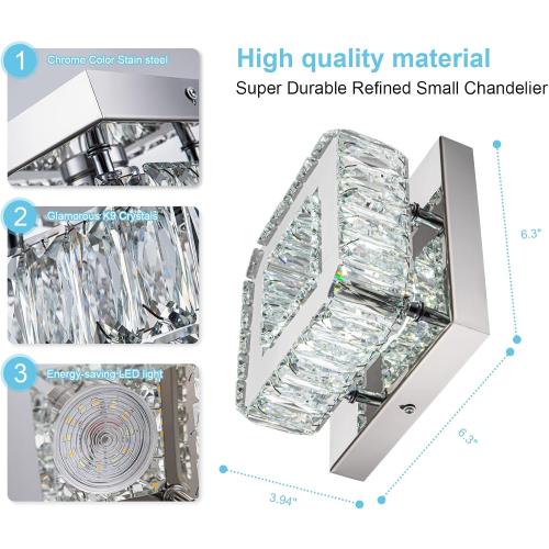 6.3 Crystal Ceiling Light Fixture, Mini Square Chandeliers 6500K Cool White Modern Flush Mount Ceiling Light, LED Small Chandelier for Hallway Bedroom Foyer Kitchen Bathroom