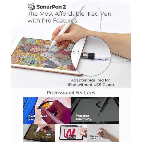 SonarPen 2: Pressure Sensitive Stylus Pen for iPad 6-11 gen. Comes with 6-Month of Free Drawing Lessons. Compatible with 2018-2025 Apple iPad Pro 11/12.9/M4, iPad Air 3/4/5/M2/M3, iPad mini 5/6 Gen