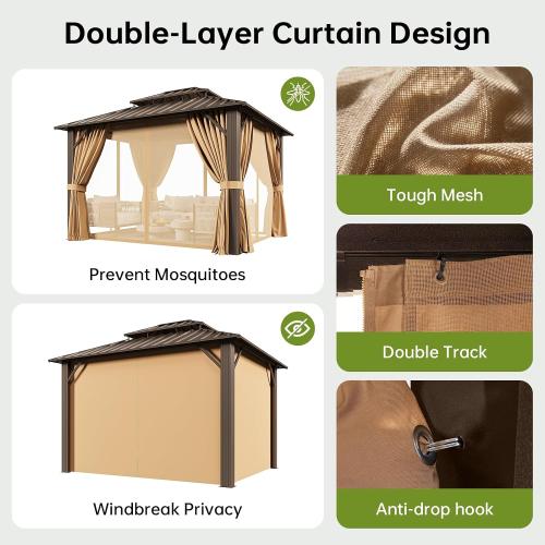 10x12FT Hardtop Gazebo Brown | Permanent Outdoor Pergola with Double Galvanized Steel Roof and Curtains and Netting for Backyard, Patio, Lawn and Garden
