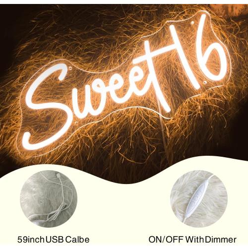 16.8 Inch Sweet 16 Neon Sign, USB Powered with Dimmer Switch 16th Birthday Party Sign, Sweet Sixteen Party Supplies, Happy 16th Birthday Decorations for Girls (Warm white)