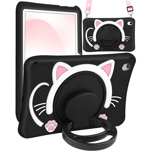 for iPad A16 Case/10th Generation Case - Soft Silicone Tablet Cover for iPad 11th 11 Inch/10th 10.9 Inch Girls Women 3D Cartoon Cute Black Cat Kitten with Rotating Stand & Strap
