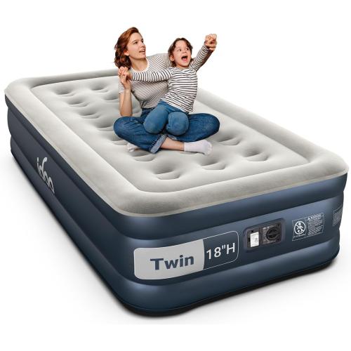 iDOO Twin Air Mattress with Built in Pump, 18 Raised Compact Blow up Mattress, Inflatable Mattress for Camping Guest Home, Portable Travel Air Bed, 2-Min Quick Inflation Deflation, Colchon inflable