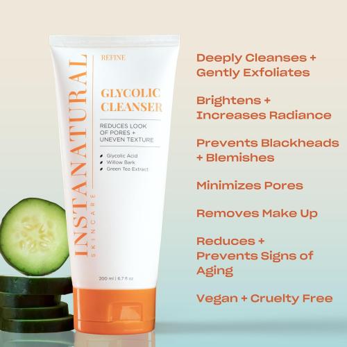 InstaNatural Glycolic Acid Cleanser Face Wash for Women & Men, Gently Exfoliating, Pore Minimizer, Anti Aging, Blackhead Remover, Acne Facial Treatment with Botanical Extracts, 6.7 Fl Oz