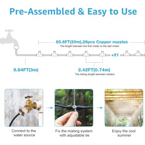 Size 75ft Outside Patio - 75FT Misting Cooling System with 28 Brass Nozzles and 3/4 Adapter, 23M DIY Outdoor Misters Kit for Garden, Greenhouse, and Patio Cooling