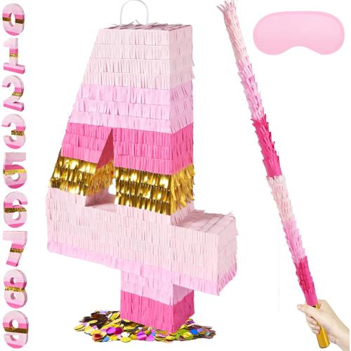 PCFING 20 Inch Number 4 Piñata Pink Gold with 30 Inch Piñata Stick Blindfold Confetti for Boys Girls Adults Birthday Party Decorations, Anniversary Celebration, Fiesta