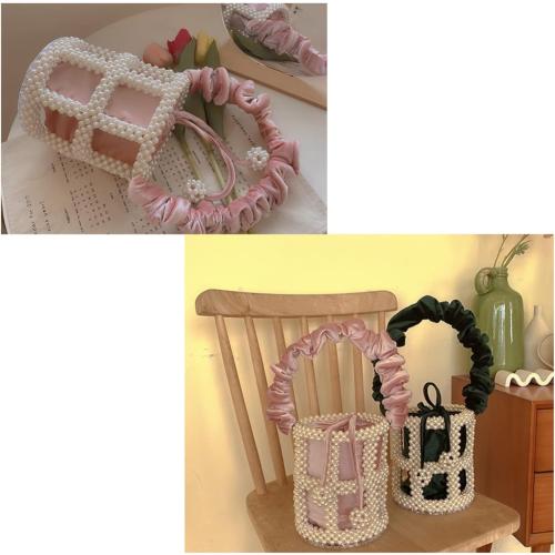 YUSHINY Women Faux Pearl Beaded Evening Pleuche Handle Bucket Hollow-Block Bags with Velvet Lining for Wedding Party