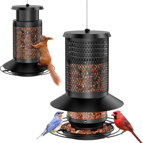 Black Hanging Bird Feeder with Squirrel Baffle, Squirrel Proof Bird Feeders for Outdoors, Heavy Duty Metal Design with Large Capacity Hanging Birdfeeder for Outside,