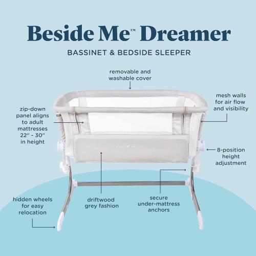 Baby Delight Beside Me Dreamer Bassinet | Bedside Sleeper | 7-Position Height Adjustment | Driftwood Grey