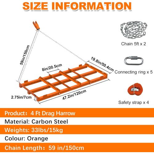 4 Ft Drag Harrow, Heavy Duty Driveway Grader, Tow Behind Lawn Rake with 5 Ft Chain, 4 Safety Belts, 2 Adjustable Bars, Driveway Drag for Gravel, Sand, Lawn, Soil, Hay, ATV, UTV, Mower, Tractor, Orange