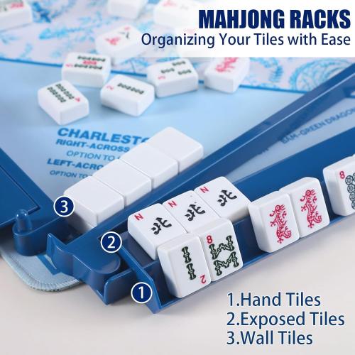 4 Pcs 18.7 Inch Dark Blue Acrylic Mahjong Tile Racks with Pushers for Game Night American Mahjong Racks Tile Set for Mah Jong Lovers and Beginners