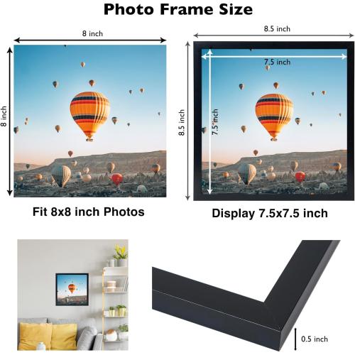 JCJMY 8x8 Picture Frame Black for Wall Hanging or Tabletop, Wall Mounting Horizontally or Vertically, 8 x 8 Square Wall Gallery Poster Photo Frame with Shatter Resistant Plexiglass, Black