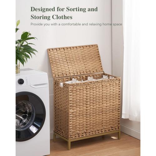 SETVSON Laundry Hamper with Lid 132 L, (35 Gallons) Clothes Hamper with Lid, Handwoven Rattan Laundry Hamper with Metal Heightened Feet, Laundry Hampers with 3 Removable Liner Bags for Laundry-Natural