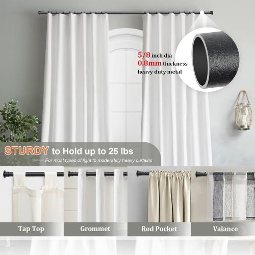 Black Curtain Rods for Windows - 5/8”Heavy Duty Stainless Steel Drapery Rod for Kitchen Bedroom Living Room Bathroom Outdoor Patio,28-76 inch Adjustable Curtain Pole with Modern Flat End