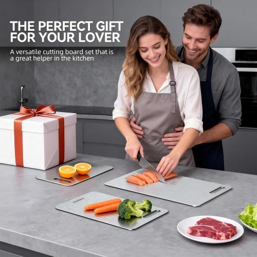 100% Pure Titanium Cutting Board for Kitchen Double-Sided Non-Toxic Titanium Cutting Board with Handle, Dishwasher Safe Chopping Board for Meat, Vegetables & Fruits, Cutting Board Set in S/M/L Sizes