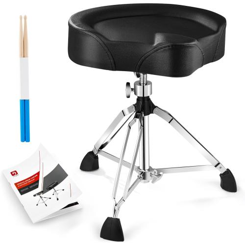 Vangoa Drum Throne Heavy Duty Height Adjustable Motorcycle Style Drum Stool Seat Rotatable Swivel Padded Double-Braced Drummer Chair for Adults with Anti-Slip Feet and 5A Drumsticks