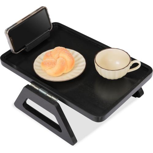 VICTORY RELAX Acacia Wood Arm Table (15.35 D x 9.8 W x 5.7 H), Couch Arm Tray for TV Dinners, Remote, Foldable Armrest Organizer, Rectangular Sofa Armrest Tray - Black