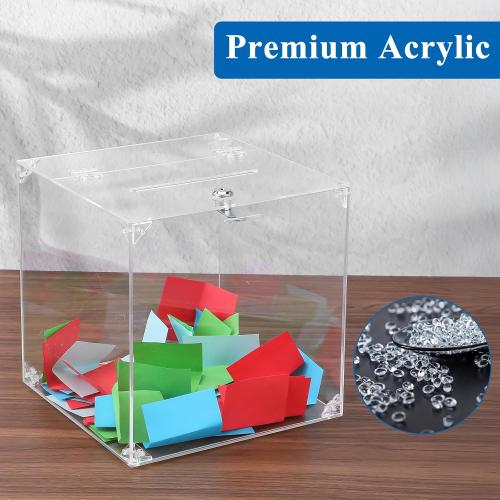 Acrylic Donation Raffle Box with Slot & Lock, Large Clear Ballot Offering Suggestion Ticket Holder for Fundraising Drawing Storage Container Tip Jar Voting Charity (9.8 x 9.8 x 9.8 Inch, Clear)