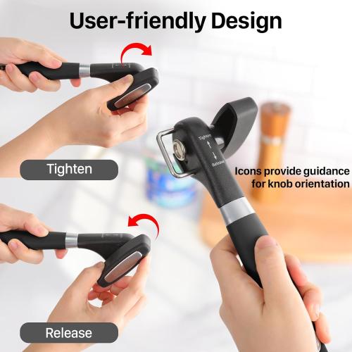 Can Opener, Safe Side Cut Manual Can Opener with Durable Sharp Blade, Smooth Edge Cutting, Effortless Big Knob, Comfortable Grip Handle, Black