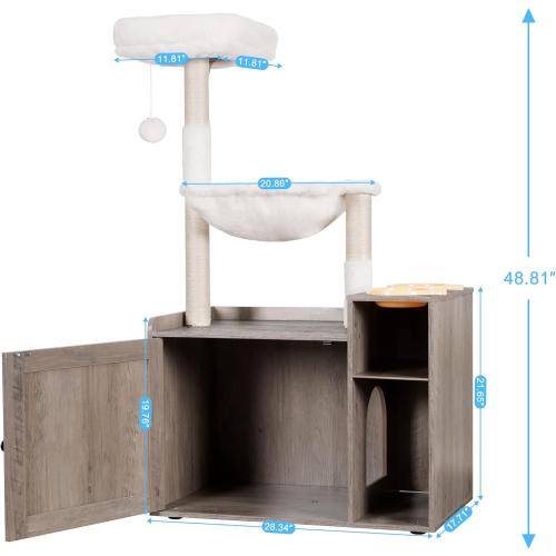 Hey-brother Cat Tree with XL Litter Box Enclosure, All-in-one Cat Tower for Indoor Cats with Large Hammock, Bed, Food Station, Scratching Posts, Modern Style Pet Furniture, Rustic Gray MPJ101SG