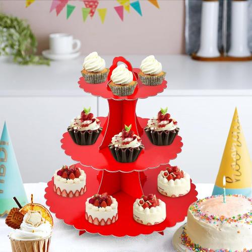 Soleebee 3-Tier Cupcake Stand, Cardboard Cupcake Tower, Dessert Cup Cake Stand Tower for Birthday Wedding Party Decoration, Cupcake Tier Stand 2 Set (Red)