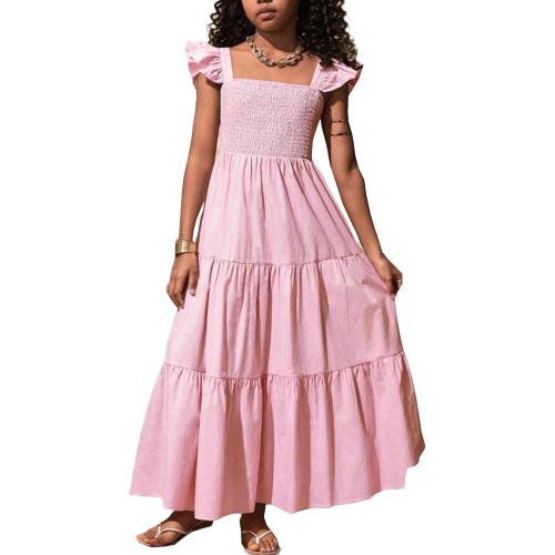 Size 6-14 Years RETSUGO Girls Dresses Summer Flutter Sleeve Swing Casual Solid Color Tiered Smocked Dress