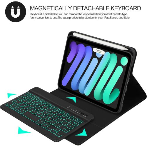 BORIYUAN iPad mini 7th Gen 2024 (A17 Pro) & iPad mini 6 Keyboard Case 2021, Detachable Wireless Keyboard, 7 Color Backlit, Slim Folio Cover with Pencil Holder for iPad mini 7th/6th Gen 8.3 inch Black